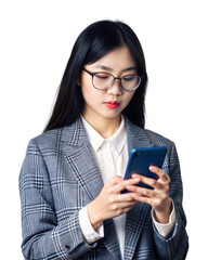 Fototapeta premium Smiling beautiful girl with glasses , with mobile phone, isolated on white background, png format, business and office concept