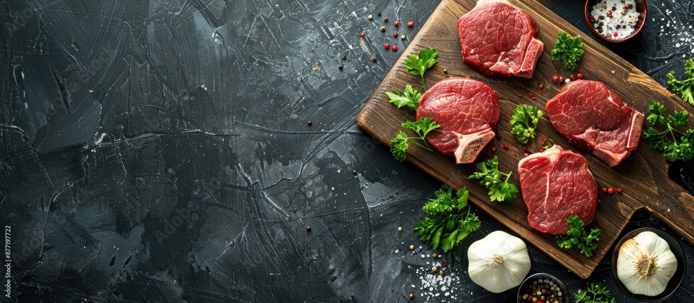 Poster wooden cutting board with raw beef steaks accompanied by garlic parsley and spices set against a sto
