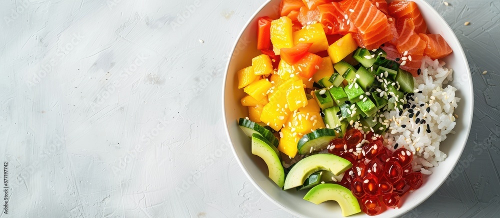 Poster top view of ingredients for poke bowl including rice salmon assorted vegetables fruits like avocado 