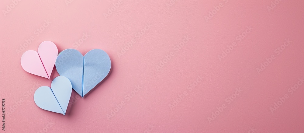 Poster a high quality photo of two paper hearts on a pastel pink background symbolizing a love relationship