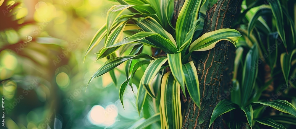 Poster dracaena s textured trunk and lush green leaves create a serene copy space image ideal for showcasin