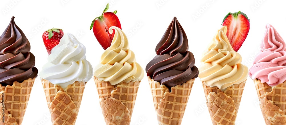 Aufkleber Ice cream cones displaying an assortment of flavors such as chocolate vanilla and strawberry with a blank space for adding images. with copy space image. Place for adding text or design