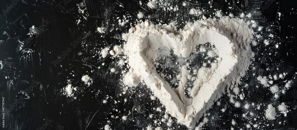 Aufkleber Heart shape drawn on flour on black backdrop in a top down view with copy space image