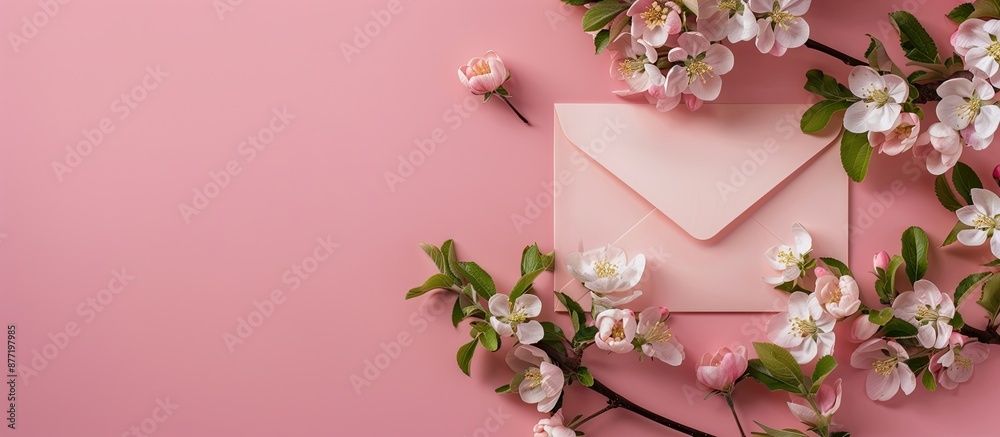 Poster long wide banner featuring a blank letter envelope and apple tree flowers on a millennial pink backg