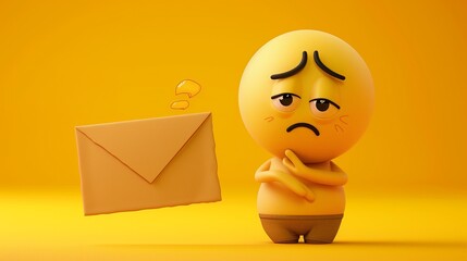 A cute emoji cartoon character with a thinking face, holding a farewell letter on a yellow solid background