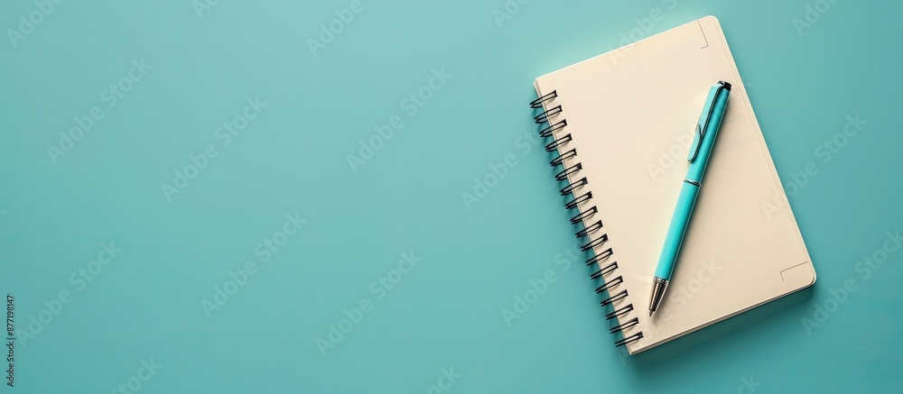 Poster workspace mockup on blue background with notebook pen featuring copy space image