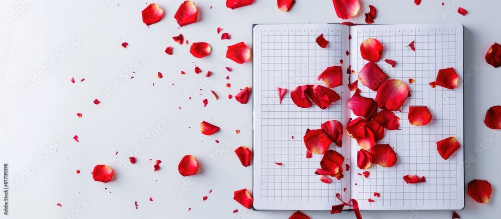 Poster Flat lay view of an open gridded notebook with scattered red rose petals on a white background featuring copy space image on the left for your text