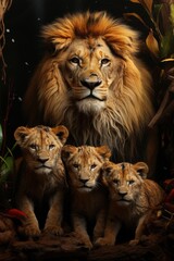 Fototapeta premium Family of lions with dark background puppies there, generative IA
