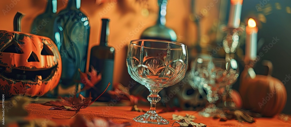 Poster a halloween themed setup with spooky home decor on an orange backdrop showcasing a selective focus e