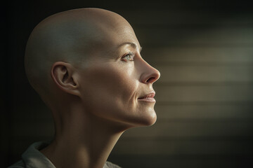 Cancer awareness conceptual Generative AI illustration with bald hairless person after chemo treatment