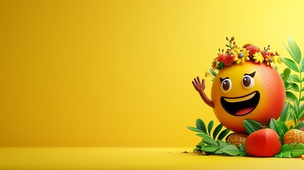 A cute emoji cartoon character with a flower crown, waving goodbye in a garden-like setting on a yellow solid background