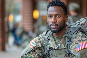 Portrait of a determined soldier in uniform with a flag patch, ready for deployment, focused and proud, in front of a military background.