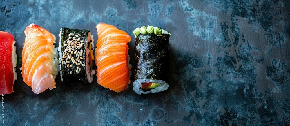 Leinwandbilder a variety of sushi rolls featuring salmon trout tuna tobiko caviar and nori set on a table with a vi