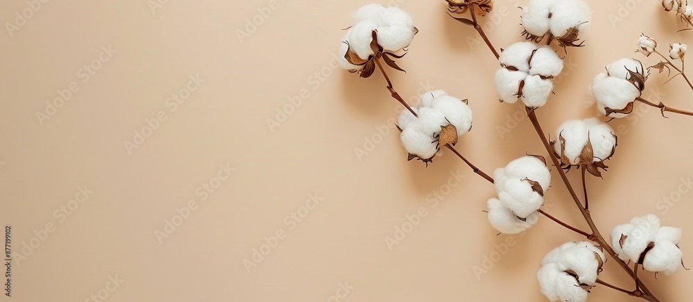 Poster Beige background with cotton flowers in flat lay composition allowing for text in the copy space image