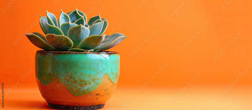 Poster a vibrant succulent in a pot against an orange backdrop suitable for copy space image