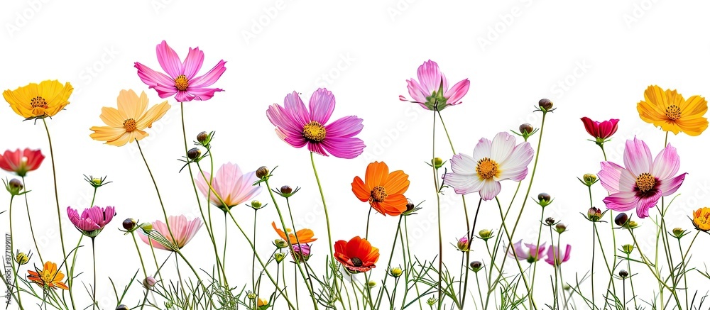 Poster vivid cosmos flowers with green stems bloom in a meadow offering a beautiful and colorful display ag