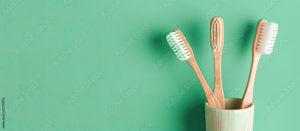 Poster Toothbrushes and holder placed on a green background welcoming text with a copy space image available for customization