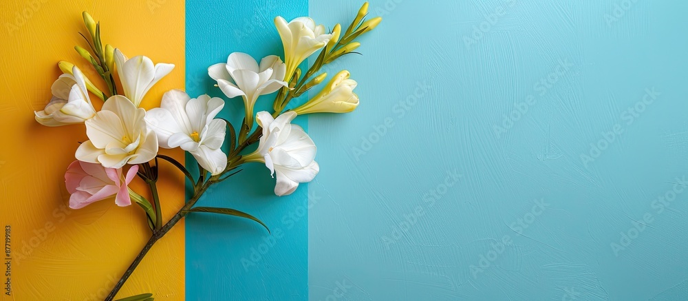 Aufkleber Top view of white freesia flower with copy space image on colorful background