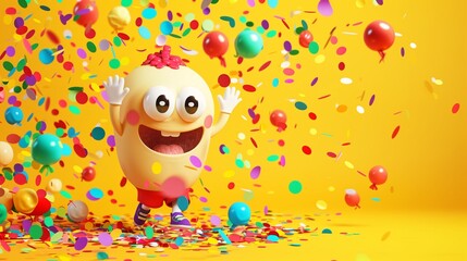 A cute emoji cartoon character waving goodbye with a big smile, surrounded by colorful confetti on a yellow solid isolated background