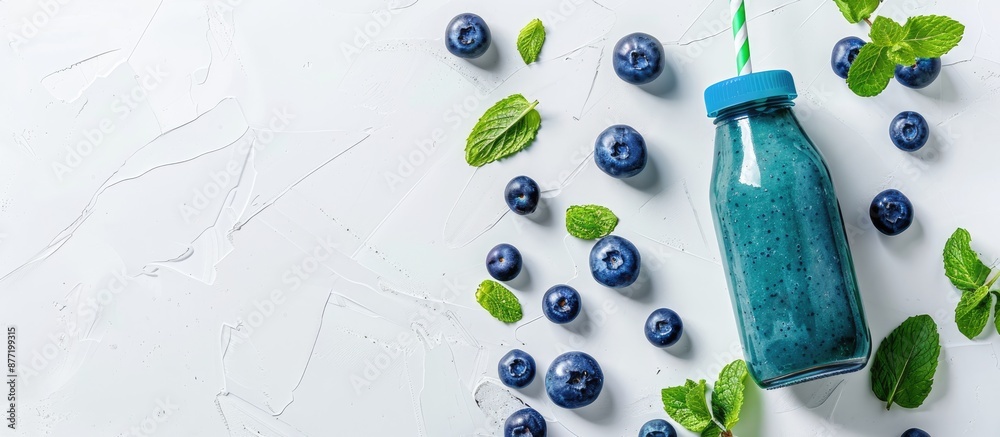 Aufkleber a bottle of spirulina smoothie with blueberries mint leaves and a straw placed on a white background