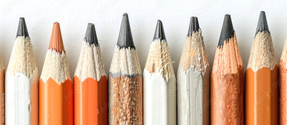 Poster Leadership concept depicted with row of pencils in close up view on white background with copy space image