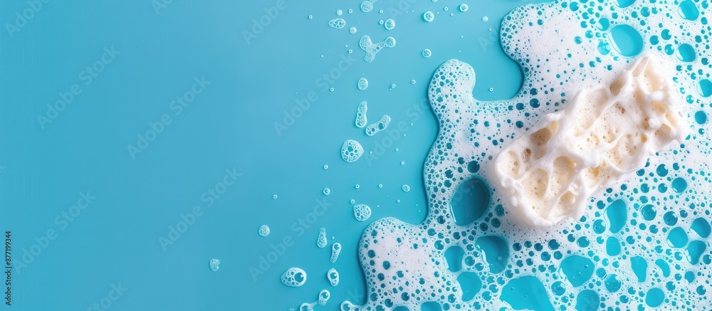 Poster Cleaning sponge with soapy foam on a blue background conveying a cleaning concept Banner layout with a top view perspective and copy space image