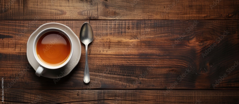 Poster Top view of a wooden table in a cafe with a cup of fragrant coffee a spoon and ample copy space image