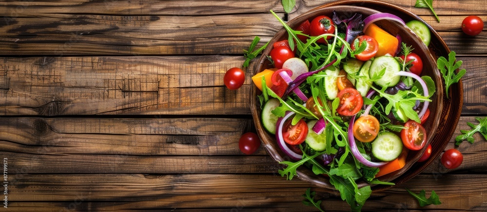 Poster A fresh vegetable salad in a full bowl on a wooden table with copy space in a top view flat lay image