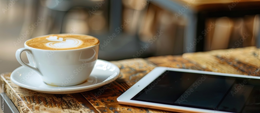 Aufkleber Coffee cup placed on a cafe table with a tablet next to it creating a structured scene with a prominent copy space image
