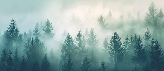 Obraz premium A foggy morning in the pine forest with a beautiful copy space image