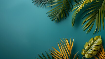 Tropical Green and Yellow Palm Leaves on Teal Blue Background in Natural Light