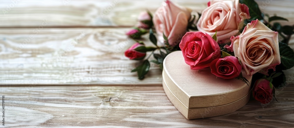 Poster heart shaped box and a bouquet of roses on a light wooden table with copy space image available