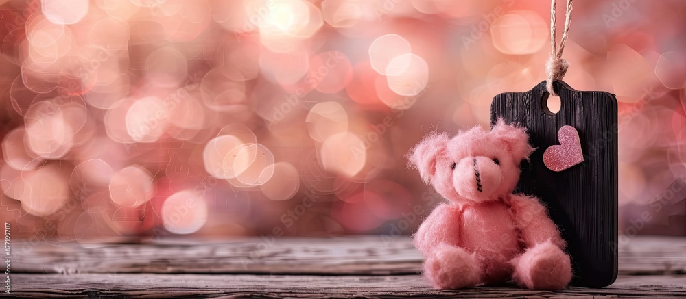 Aufkleber Rustic black wooden tag with hearts a pink teddy bear and a blurred backdrop in a simple retro frame Ideal for love themed photos featuring ample copy space image for text or messages