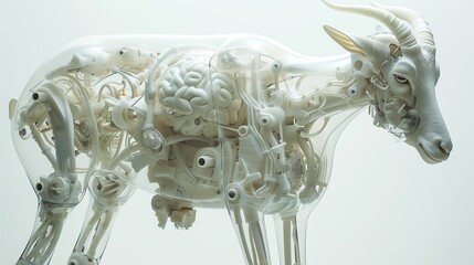 Obraz premium Futuristic mechanical goat with transparent body revealing intri