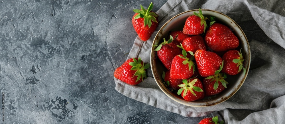 Aufkleber a vibrant red strawberry sits in a ceramic bowl on a linen napkin against a gray concrete background