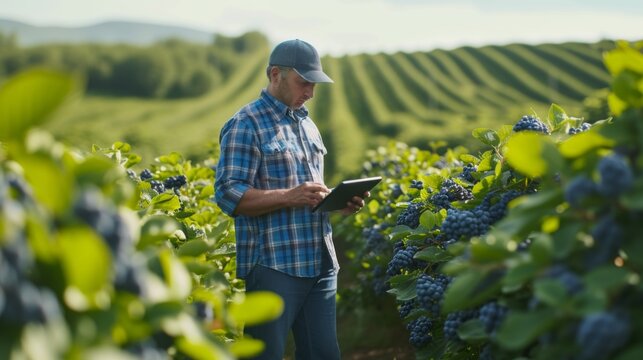 A farmer stands in the middle of a lush blueberry plantation, using a digital tablet to monitor crop health and logistics - Powered by Adobe
