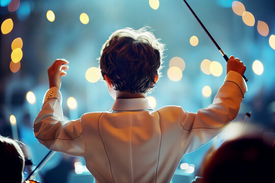 Boy conducting an orchestra, concept of child prodigy, young talent