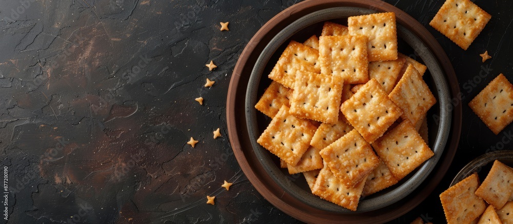 Poster view from above of homemade cheese shaped crackers a perfect crispy snack with ample copy space for 