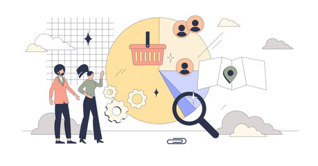 Market segmentation with social division tiny person neubrutalism concept, transparent background. Behavioral, demographic, psychographic and geographic classification.