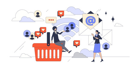 Personalized email marketing campaigns tiny person neubrutalism concept, transparent background. Mail letter automation for effective customer communication illustration.