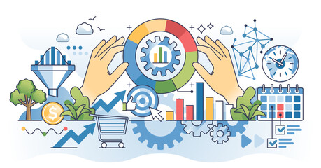 Referral marketing strategy as effective advertisement outline hands concept, transparent background.Customer loyalty from targeted audience ads with product offers illustration.