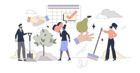 Volunteering and community charity work tiny person neubrutalism concept, transparent background. Scheduled and planned company project to rise awareness about ecology.