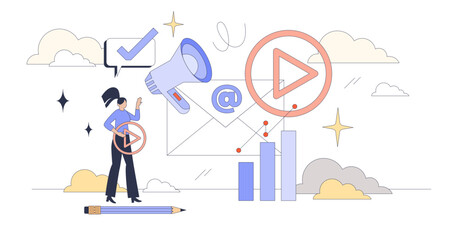 Video in email marketing with media content tiny person neubrutalism concept, transparent background. Advertisement letter with movie link or attachment for customer engagement illustration.