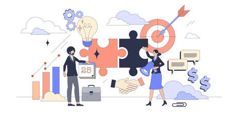 Marketing teamwork or advertisement strategy tiny person neubrutalism concept, transparent background. Planning effective promotion ads campaign with brainstorming.