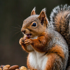 Fat chubby cheeks squirrel eating nut, mouth full of food on the forest
