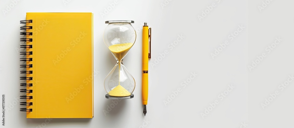 Poster Yellow notebook with a pen and an hourglass placed in various angles on a white background with copy space image