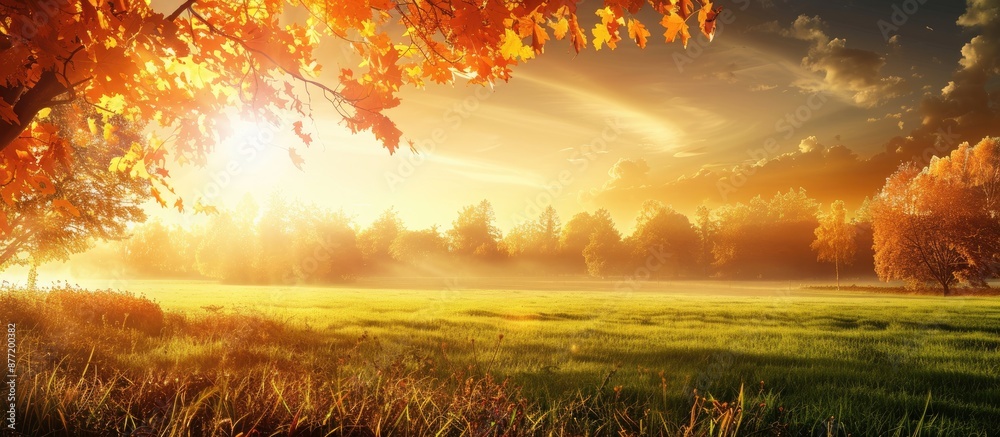Aufkleber An autumn themed image featuring a golden yellow and orange sky lush green grass and space available for seasonal messages. with copy space image. Place for adding text or design
