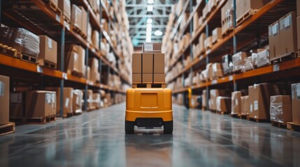 A pallet jack transports boxes through a busy distribution warehouse