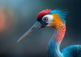 Naklejka premium Colorful Bird Close-Up with Vibrant Plumage and Sharp Beak in Serene Background