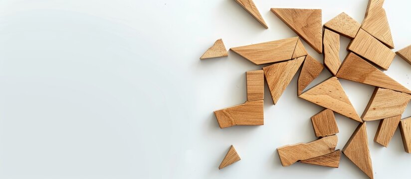 Tangram puzzle made of wood arranged as a falling man on a white background conveying the concept of business failure or crisis Includes copy space image